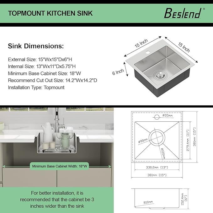15 Inch Drop In Kitchen Sink - Beslend ADA 6 Inch Depth 15x15 Drop In Square Sinks Topmount Stainless Steel 16 Gauge Mobility Friendly Sink for Wheelchair Accessible & Accessible Design Kitchen
