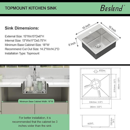 15 Inch Drop In Kitchen Sink - Beslend ADA 6 Inch Depth 15x15 Drop In Square Sinks Topmount Stainless Steel 16 Gauge Mobility Friendly Sink for Wheelchair Accessible & Accessible Design Kitchen