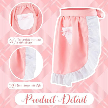 Geyoga Pink Waist Aprons for Women with Pockets Kitchen Waitress Maid Apron Vintage Skirt Cute White Ruffle Costume