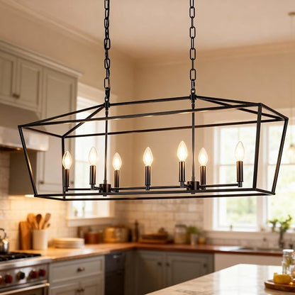 Lantern Island Light 7-Light Black Chandelier Dining Room Light Fixtures Over Table Rectangle Kitchen Island Chandeliers Modern Hanging Light Fixture