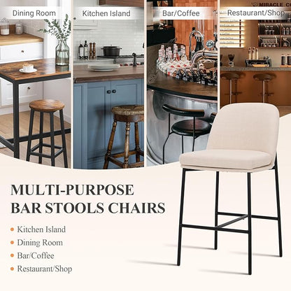 COLAMY Counter Height Bar Stools Set of 2, 25 Inch Modern Fabric Kitchen Island Stools with Back, Upholstered Counter Barstools Armless Bar Chairs with Metal Legs for Island Dining Room Bar,Beige