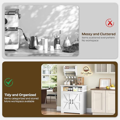YATINEY Coffee Bar Cabinet, Kitchen Island with Storage, Farmhouse Sideboard Buffet Cabinet with Dual-Purpose Floating Shelf and Hooks, for Kitchen, Restaurant, Living Room, White KF22WT