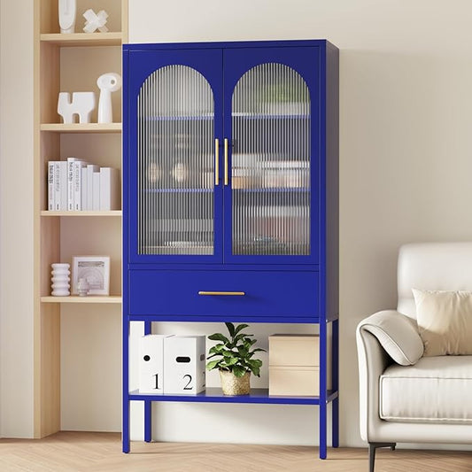 ALBAD 63 Inch Tall Metal Pantry/Display/Storage Cabinet with Fluted Glass Doors and Drawer & Adjustable Shelf for Modern Home Office Living Room Kitchen Blue