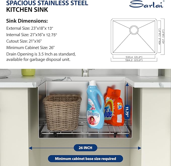 Sarlai Undermount Laundry Sink 23 Inch - 13 Inch Deep Undermount Laundry Utility Sink Single Bowl Kitchen Sinks 16 Gauge Stainless Steel Laundry Tub Sinks Basin