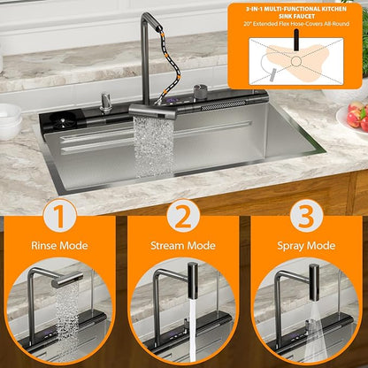 Mocoloo 33 Inch Honeycomb Waterfall Kitchen Sink Drop in, 33x19 Inch Stainless Steel Workstation Sink 16 Gauge Topmount Single Bowl LED Display Sink with Complete Kit