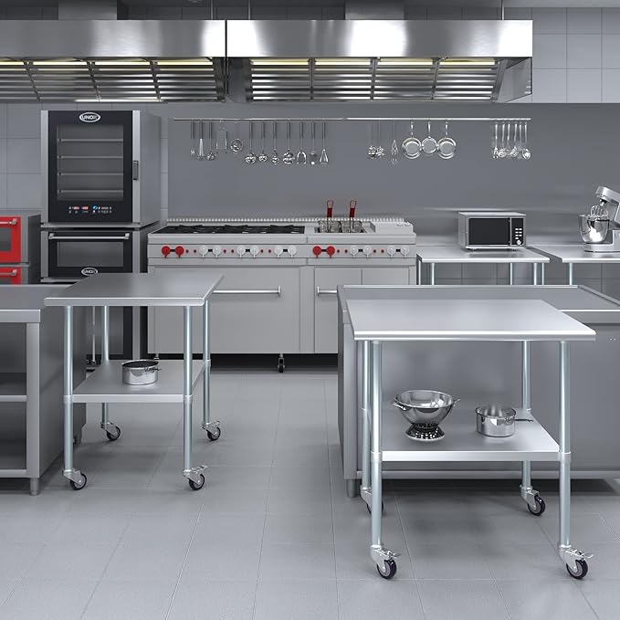 Stainless Steel Work Table with Wheels | NSF Kitchen Island Food Prep | Laundry Garage Utility Bench (Table + Wheels, 36" Long x 30" Deep)