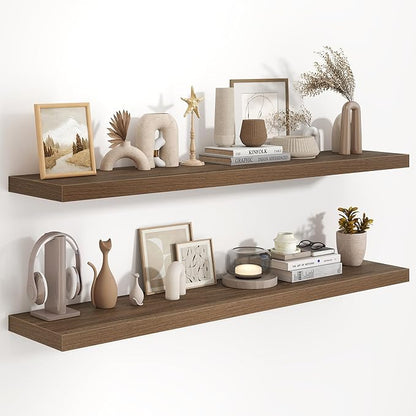 55 Inch Long Floating Shelves for Wall Set of 2, 55x9.3 Large Floating Shelf for Bedroom, Kitchen, Bathroom, Wall Mounted Rustic Wood Shelves with Invisible Bracket for Books, Decor, Walnut