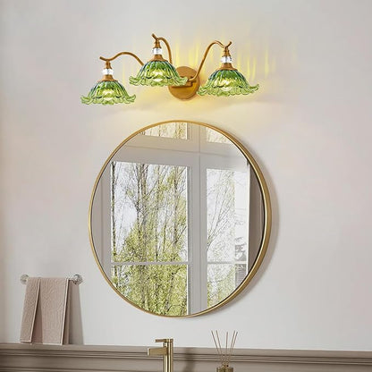 Vintage Bathroom Vanity Light Fixtures - 3 Light Antique Brass Bathroom Lights Fixture Over Mirror with Green Flower Glass,Retro Brushed Gold Bronze Wall-Mounted Vanity Lighting for Powder Room