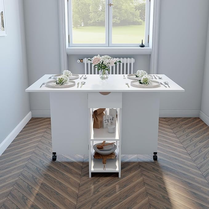 Folding Dining Table, Drop Leaf Table for Small Space with Drawer and Open Storage Shelves, Modern Rectangular Kitchen Dining Table, 47.2" L x 28.3" W(White)