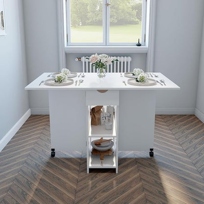 Folding Dining Table, Drop Leaf Table for Small Space with Drawer and Open Storage Shelves, Modern Rectangular Kitchen Dining Table, 47.2" L x 28.3" W(White)