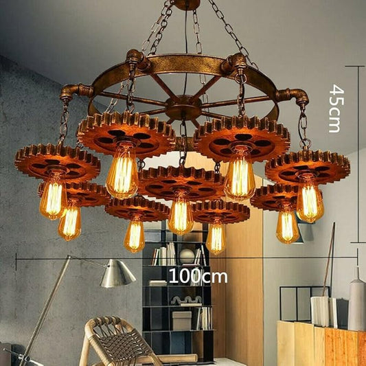 9-Light Retro Industrial Pendant Light Metal Gear Hanging Lamp Farmhouse Chandelier Pendant Lamp Fixture Adjustable Height for Restaurant Pool Table Kitchen Island Bar