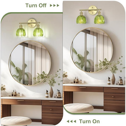 Vintage Bathroom Light Fixtures,2-Light Hardwired Vanity Lights with Green Tulip Glass Shade,Gold Bathroom Vanity Light for Mirror Restroom,E26 Socket,14.57 in(Bulbs Not Included)