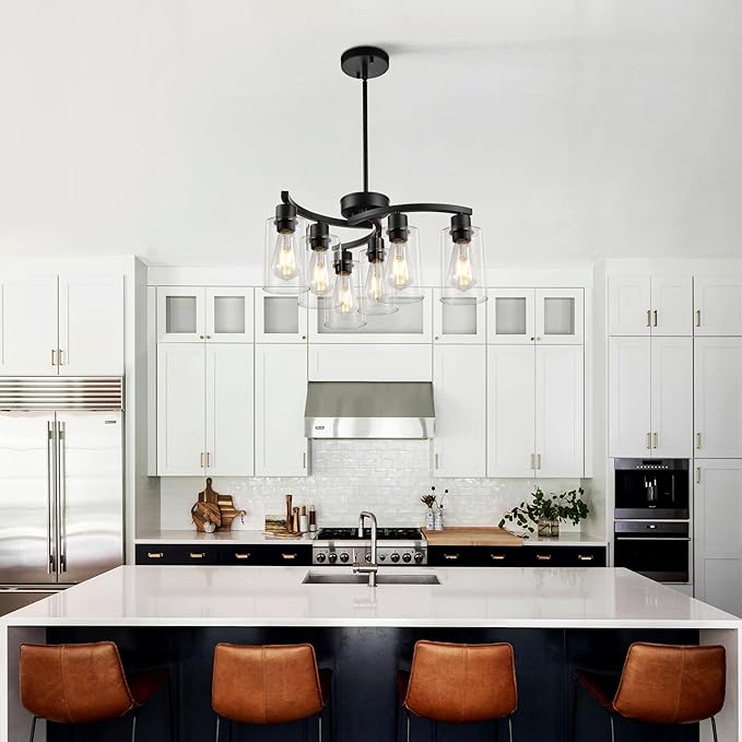 Sigaitwei 6 Light Modern Chandeliers for Dining Room,21.7" Black Hanging Light Fixture，Kitchen Pendant Lighting Over Island，Industrial Farmhouse Chandelier,Metal with Downward Clear Glass Shade