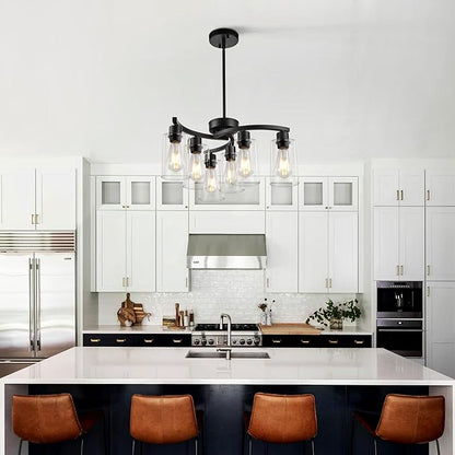Sigaitwei 6 Light Modern Chandeliers for Dining Room,21.7" Black Hanging Light Fixture，Kitchen Pendant Lighting Over Island，Industrial Farmhouse Chandelier,Metal with Downward Clear Glass Shade