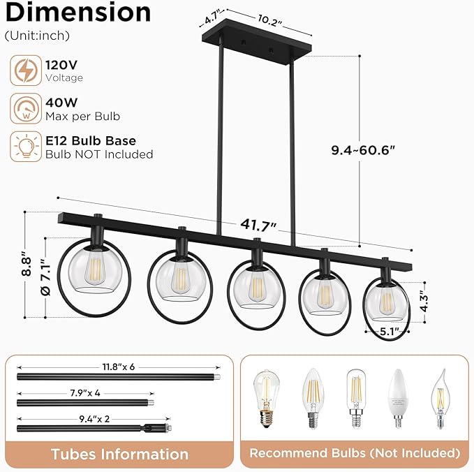 ropelux Dining Room Light Fixture, 5-Light Chandelier for Kitchen Island Over Table with E12 Socket(Bulb not Included), Black Rustic Hanging Pendant Light Fixtures with Clear Gray-Tinted Lampshade