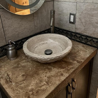 Shades of Nature Round Bowl Travertine Vessel Sink, Natural Stone Wash Basin, Hand-Carved Bathroom Sink, Chiseled Exterior, Polished Interior, Above Counter Vanity (Soap Tray Included)