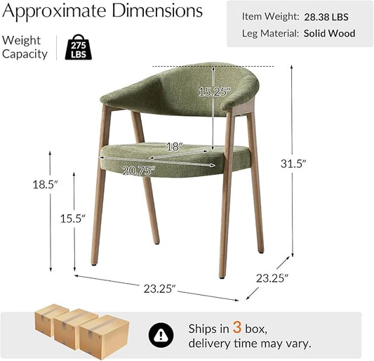 HULALA HOME Mid-Century Modern Dining Chairs Set of 6, Green Wooden Upholstered Kitchen Chairs with Armrest, Curved Backtrst & Wood Legs Armchairs Accent Chairs for Dining Living Room - Moss