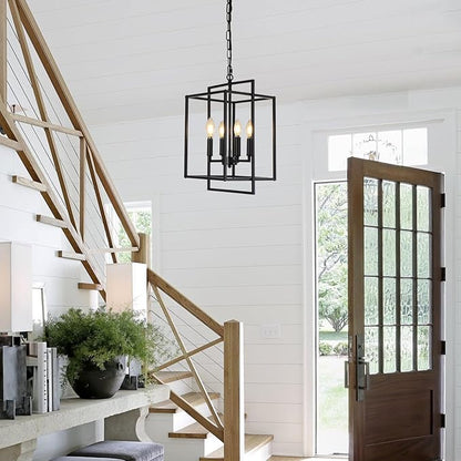 Black Chandelier, 4-Light Modern Farmhouse Foyer Lighting Fixtures, Rustic Geometric Chandeliers for Dining Room, Adjustable Metal Lantern Pendant Light for Stairway Entryway Kitchen Island