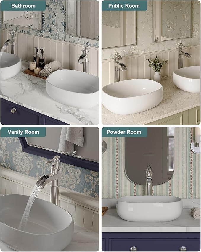 BWE Waterfall Vessel Sink Faucet Brushed Nickel Bathroom Faucet Single Handle Tall Single Hole Bathroom Sink Faucet Commercial Mixer Tap with Pop Up Drain Assembly and Supply Line