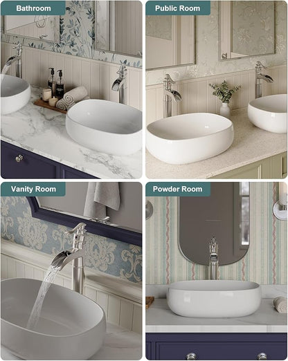 BWE Waterfall Vessel Sink Faucet Brushed Nickel Bathroom Faucet Single Handle Tall Single Hole Bathroom Sink Faucet Commercial Mixer Tap with Pop Up Drain Assembly and Supply Line