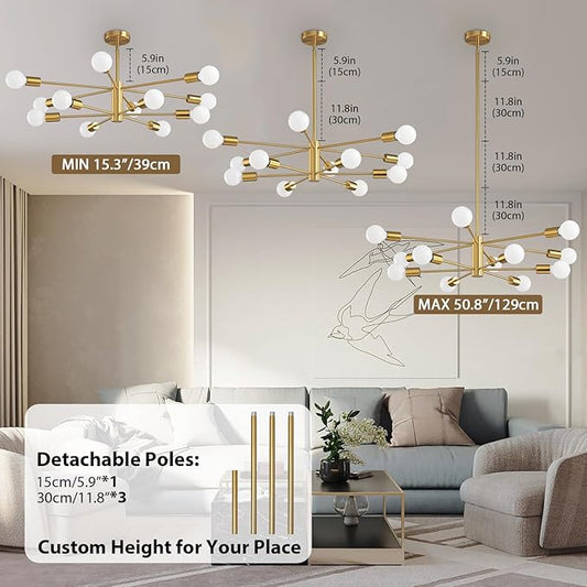 KAISITE Modern Sputnik Chandelier Ceiling Light Fixture 12-Light Gold Chandelier for Dining Room Over Table Height Adjustable Mid Century Industrial Chandelier for Kithchen Living Room Entryway