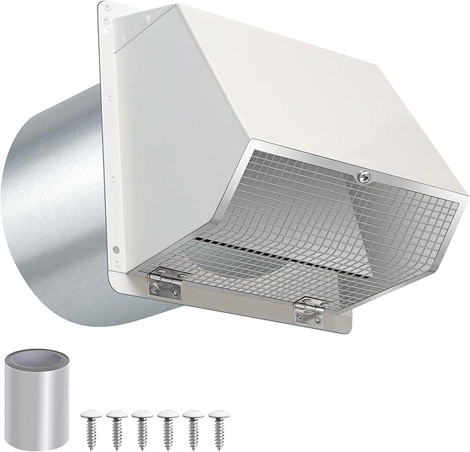 7Inch Hooded Wall Vent with Screen and Damper,Galvanized Steel Exhaust Vent Cover Cap Outside,Wall Vent Cover Exterior Outdoor Vent Hood for Kitchen Range Hood Laundry Dryer Bathroom Fan Duct Air Vent