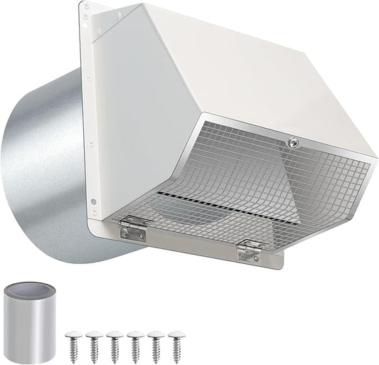 7Inch Hooded Wall Vent with Screen and Damper,Galvanized Steel Exhaust Vent Cover Cap Outside,Wall Vent Cover Exterior Outdoor Vent Hood for Kitchen Range Hood Laundry Dryer Bathroom Fan Duct Air Vent