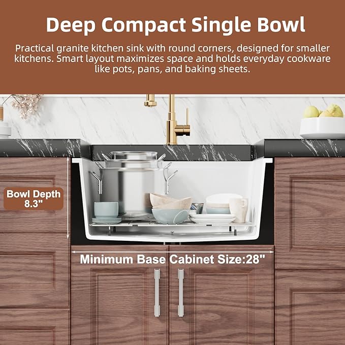 Davivy 25 Inch White Granite Composite Kitchen Sink Workstation, Quartz Kitchen Sink White, Drop in & Undermount Installation, Single Bowl Design with Accessories