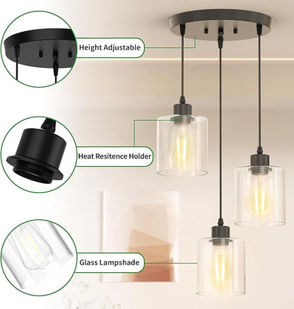 3 Light Pendant Lighting, Farmhouse Hanging Light Fixture for Kitchen Island & Dining Room, Industrial Vintage Ceiling Lamp with E26 Base, Adjustable Height, with Clear Glass 4.7" Shades