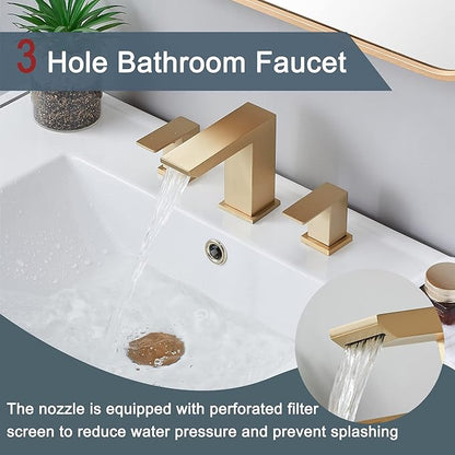 Brushed Gold Bathroom Sink Faucet, 3 Hole Waterfall Bathroom Faucet, 2 Handle Vanity Bath Faucets, Modern Bathroom Faucet with Supply Hoses and Drain