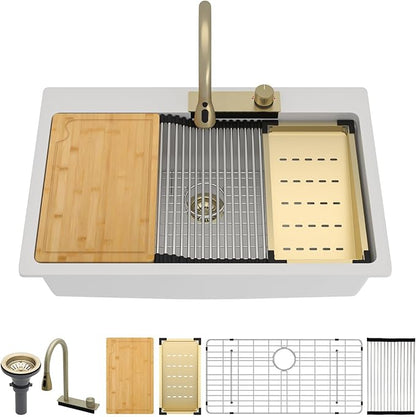33x22 inch Drop In Kitchen Sink With Faucet White Waterfall Smart Granite Composite Workstation Kitchen Sink Top Mount Single Bowl 33"W x 22"D x 10"H