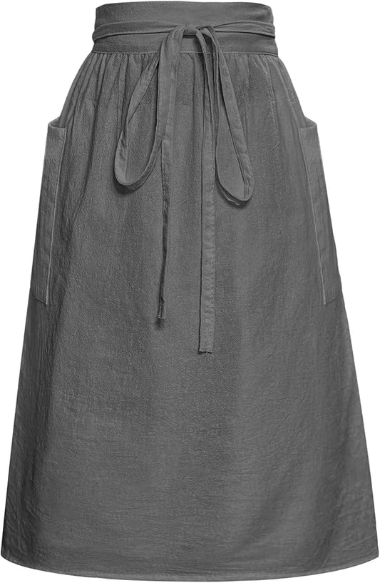Cityelf Cotton Linen Half Apron for Women Vintage Waist Apron Ruffle Plain Bright Color for Cooking Painting Artwork