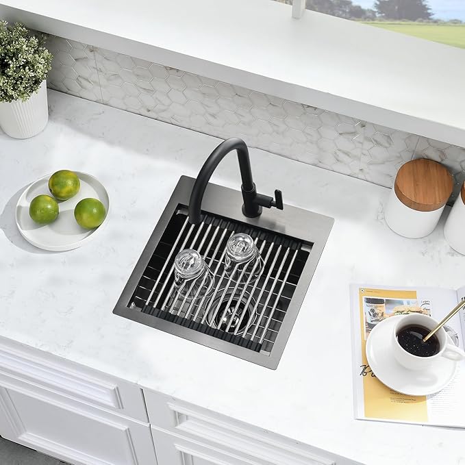 15x15 Black Bar Sink Drop In - 16 Gauge Black Stainless Steel Small Kitchen Sink, 9" Deep Single Bowl Workstation Sinks with Accessories for RV, Outdoor Kitchen & Wet Bar