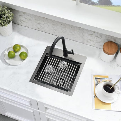 15x15 Black Bar Sink Drop In - 16 Gauge Black Stainless Steel Small Kitchen Sink, 9" Deep Single Bowl Workstation Sinks with Accessories for RV, Outdoor Kitchen & Wet Bar