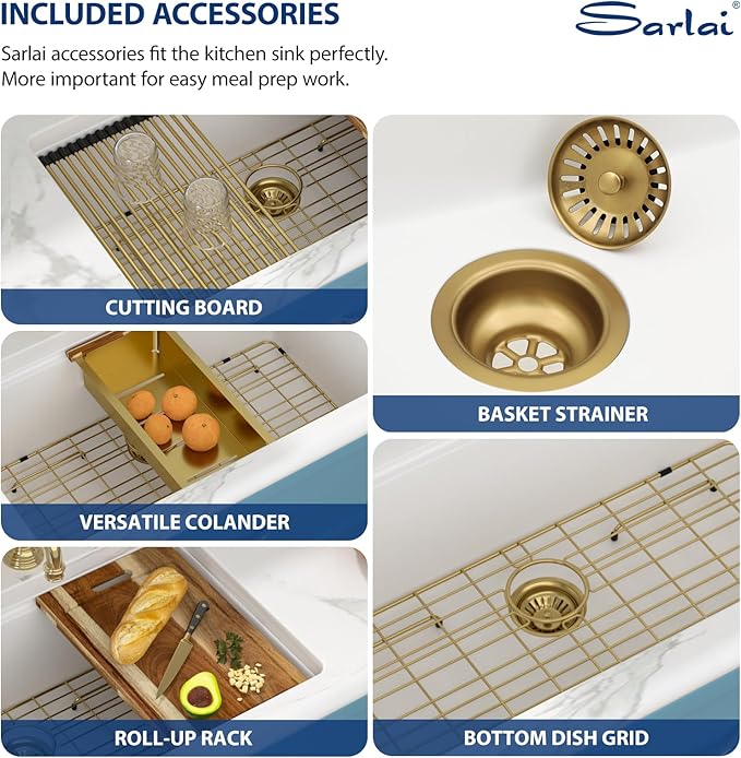 Sarlai 30 Granite Composite Kitchen Sink - 30 x 19 Inch Granite Undermount Kitchen Sink Ledge Workstation Under-Mount White Quartz Classic Single Bowl Sinks Under Counter Basin With Gold Accessories
