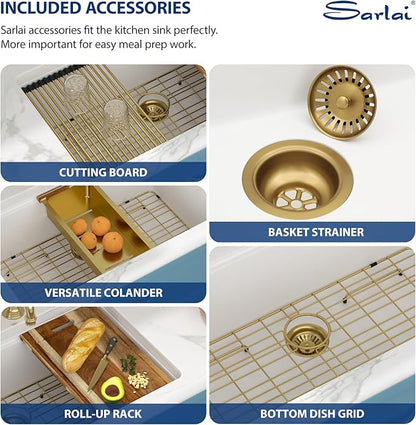 Sarlai 30 Granite Composite Kitchen Sink - 30 x 19 Inch Granite Undermount Kitchen Sink Ledge Workstation Under-Mount White Quartz Classic Single Bowl Sinks Under Counter Basin With Gold Accessories