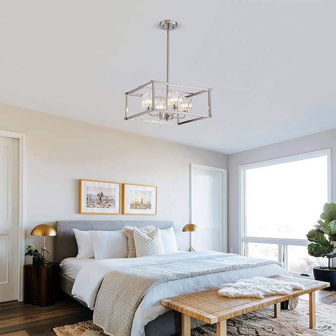 4-Light Farmhouse Chandelier for Dining Room, 15.7" Modern Brushed Nickel Ceiling Light Fixture, Adjustable Height Pendant Lighting for Kitchen, Living Room, Hallway, Bedroom, Foyer