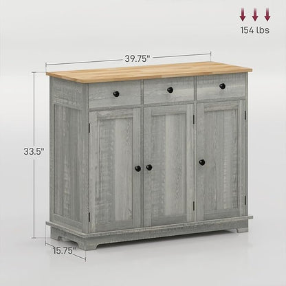 HOMCOM Sideboard Buffet Cabinet with Solid Wood Countertop, Modern Kitchen Storage Cabinet, Coffee Bar Cabinet with 3 Drawers, Doors and Adjustable Shelf, Distressed Light Gray