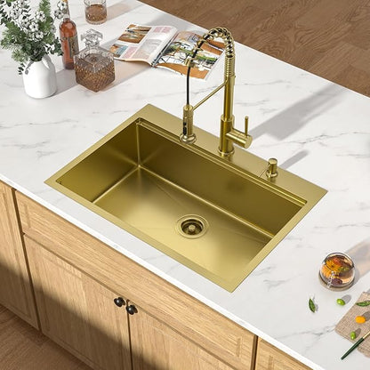 30 Gold Drop In Kitchen Sink - Workstation All-In One 16 Gauge Stainless Steel 30x22 Single Bowl Topmount Handmade Sinks for Kitchen with Mixing Board and Pasta Strainer #TLT-0070