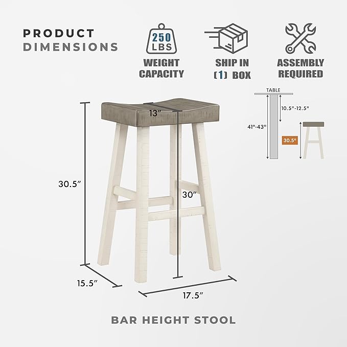 Lexicon Bar Height Bar Stools Set of 2 - Solid Wood Pub Chairs with Footrest, Armless Kitchen Chairs for Island, Living Room, Breakfast Nook, Sturdy, Transitional 30.5" High - White/Coffee