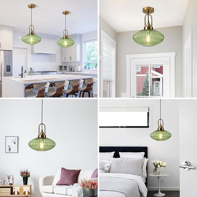 12 Inch Green Pendant Lights Vintage Chandelier Pendant Lighting Modern Mid Century Hanging Lights Adjustable Kitchen Island Light for Dining Room Bedroom Hallway