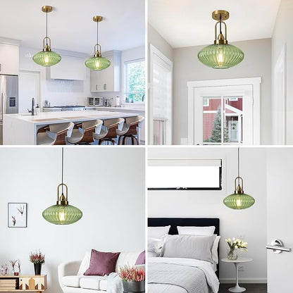 12 Inch Green Pendant Lights Vintage Chandelier Pendant Lighting Modern Mid Century Hanging Lights Adjustable Kitchen Island Light for Dining Room Bedroom Hallway