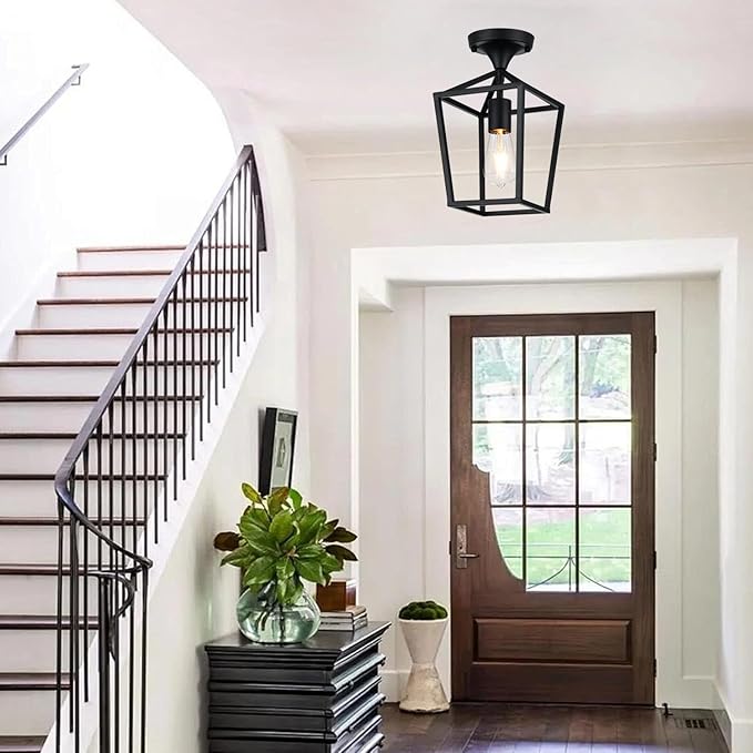 【Upgraded】Semi Flush Mount Ceiling Light, Black Industrial Ceiling Light Fixtures, Farmhouse Light Fixture for Hallway Stairway Garage Living Room Dining Room Balcony（Not waterproof, Not for Outdoor）