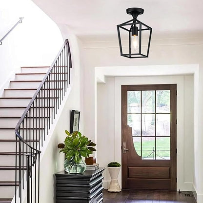 【Upgraded】Semi Flush Mount Ceiling Light, Black Industrial Ceiling Light Fixtures, Farmhouse Light Fixture for Hallway Stairway Garage Living Room Dining Room Balcony（Not waterproof, Not for Outdoor）
