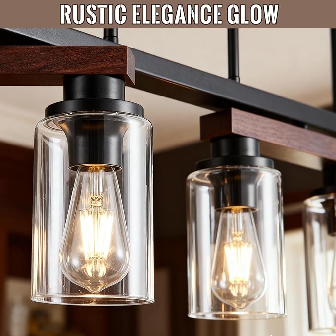 4-Light Kitchen Island Lighting & Farmhouse Dining Room Light Fixtures Over Table, Rustic Wood Linear Chandelier Adjustable Ceiling Hanging Pendant- Rotating Design, Customizable Shapes, Clear Glass