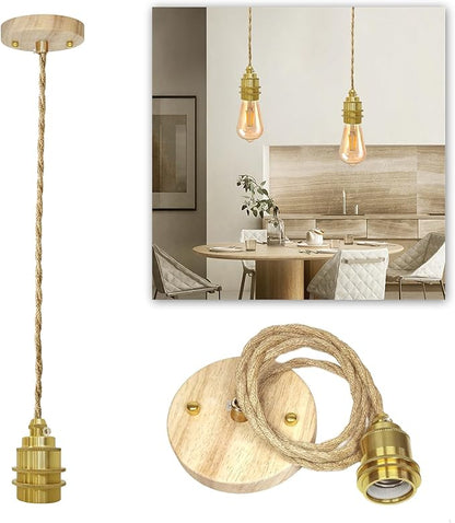 Wood Pendant Light Kit, Mini Pendant Lamp Fixture, Hemp Rope Hanging Lamps Cord Adjustable, E26 Lamp Socket Vintage Ceiling Light Hanging Lighting for Farmhouse Bedroom Chandelier, Bulb Not Included
