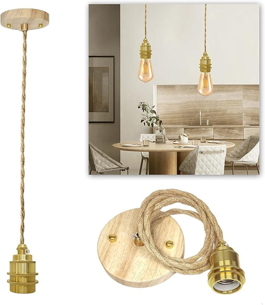 Wood Pendant Light Kit, Mini Pendant Lamp Fixture, Hemp Rope Hanging Lamps Cord Adjustable, E26 Lamp Socket Vintage Ceiling Light Hanging Lighting for Farmhouse Bedroom Chandelier, Bulb Not Included