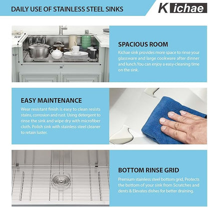 Kichae 36 Inch Drop in Kitchen Sink - 36x22 Drop Sink 16 Gauge Stainless Steel Ledge Workstation Single Bowl Topmount Overmount Handmade Basin