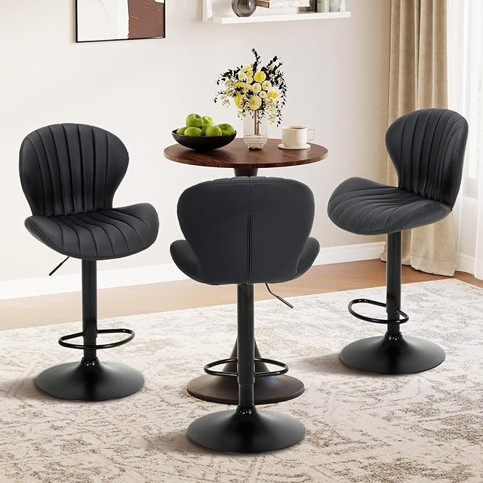 COLAMY Bar Stools Set of 2, Adjustable Modern Swivel Bar Chairs, Faux Leather Upholstered Barstools Counter Height with High Backrest for Bar, Kitchen Island, Dining Room, Black