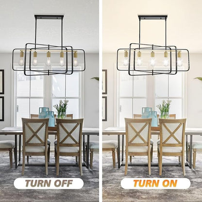 WJShome Farmhouse Chandelier, 5-Light Dining Room Light Fixture Over Table, Hanging Pendant Lights Kitchen Island Linear Chandelier, Black and Gold Rustic Chandeliers for Dining Room